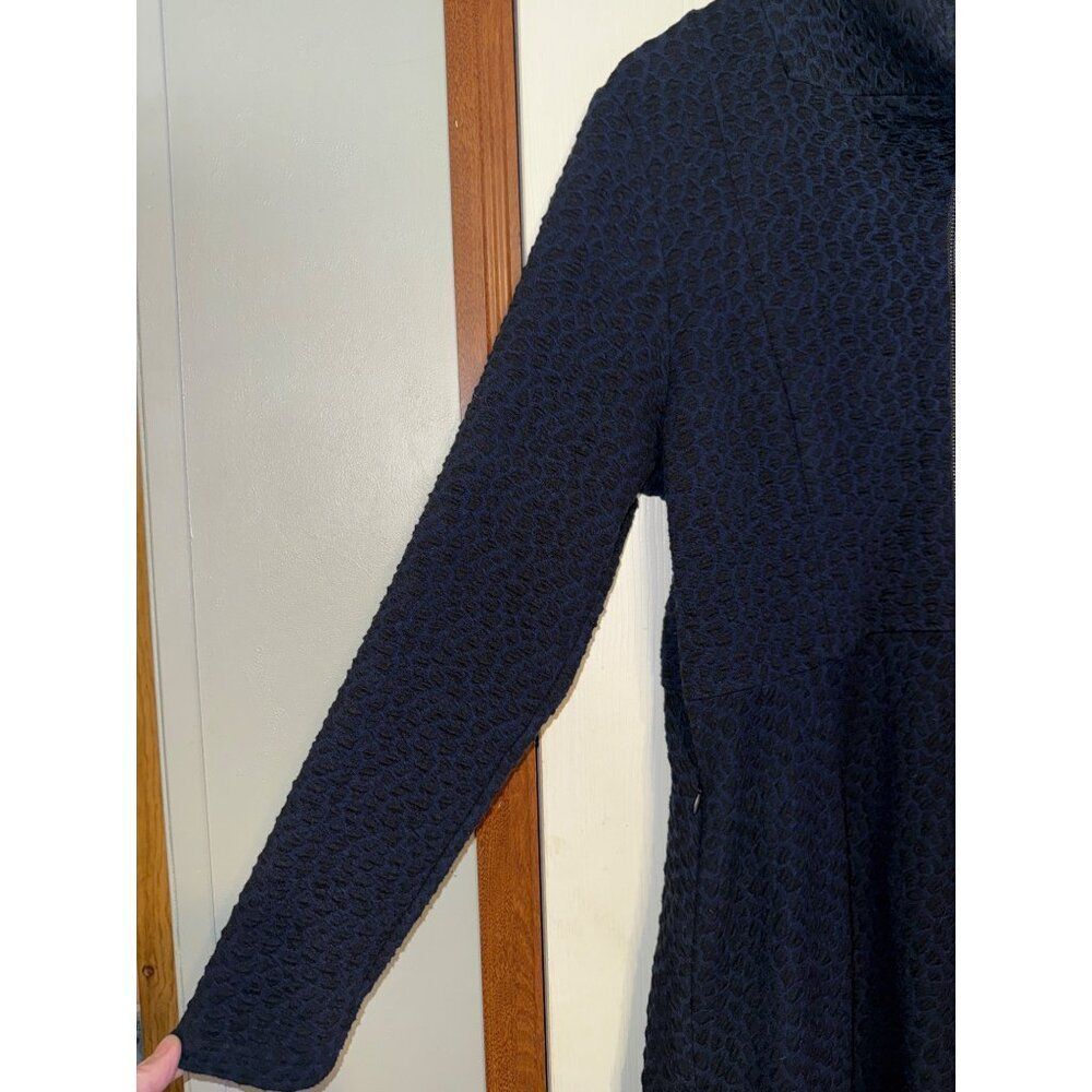 Samuel Dong Black and Navy Cheetah‎ Print Collared Dbl Zipper Coat Dress SZ Lg - Picture 3 of 16